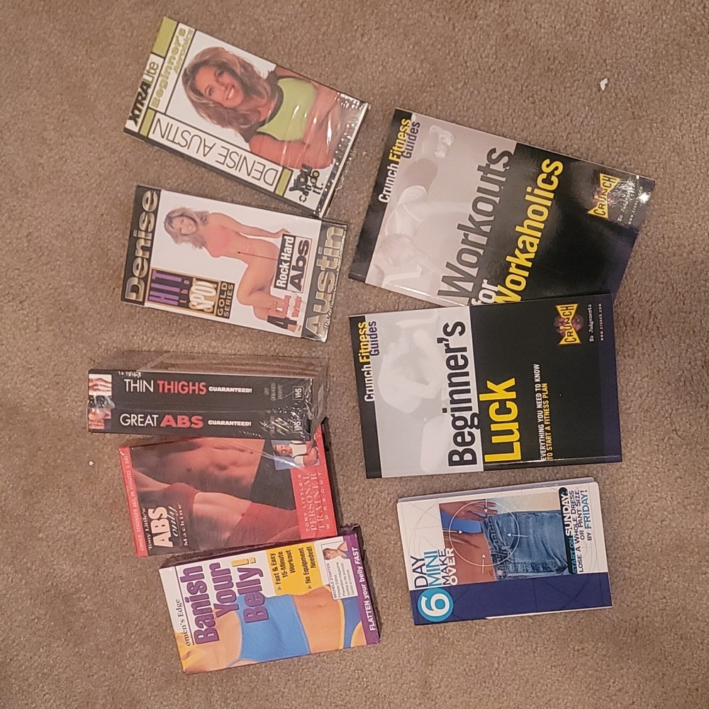 Lot of Assorted exercise and fitness VHS tapes, 1 cassette tape, and books.